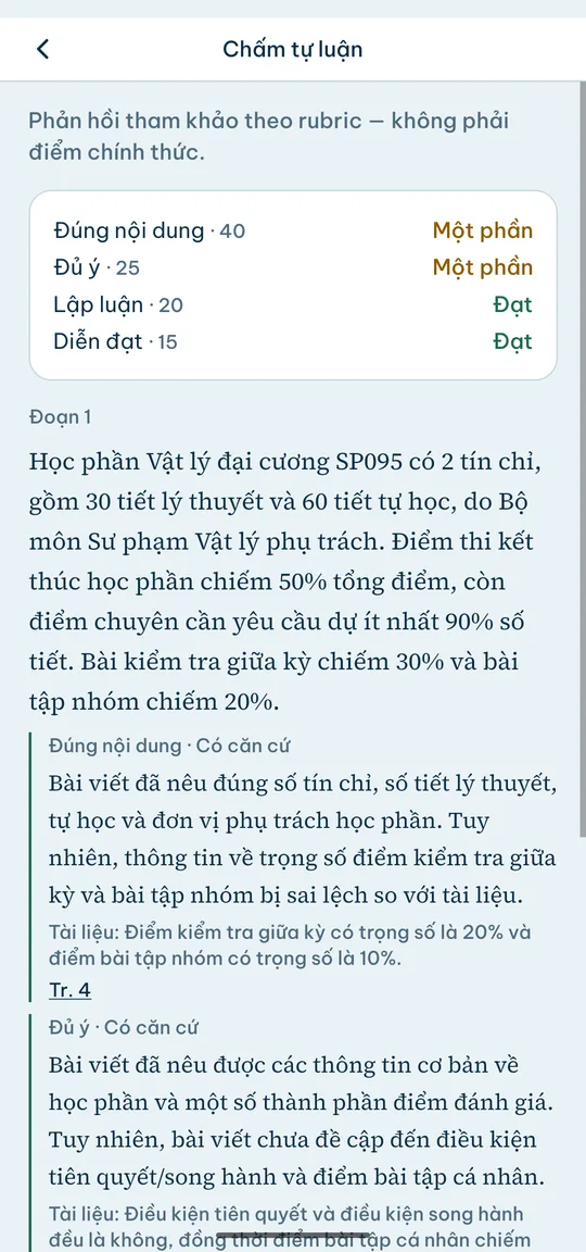 Phản hồi bài tự luận theo rubric